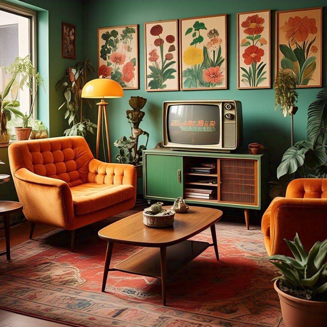 Burnt orange armchairs and a green media console in a mid-century modern room.