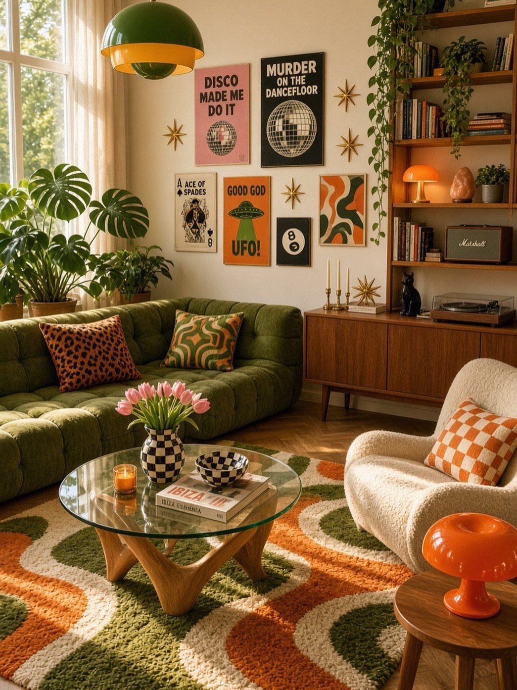 Green tufted velvet sofa and white bouclé chair in a retro 70s living room