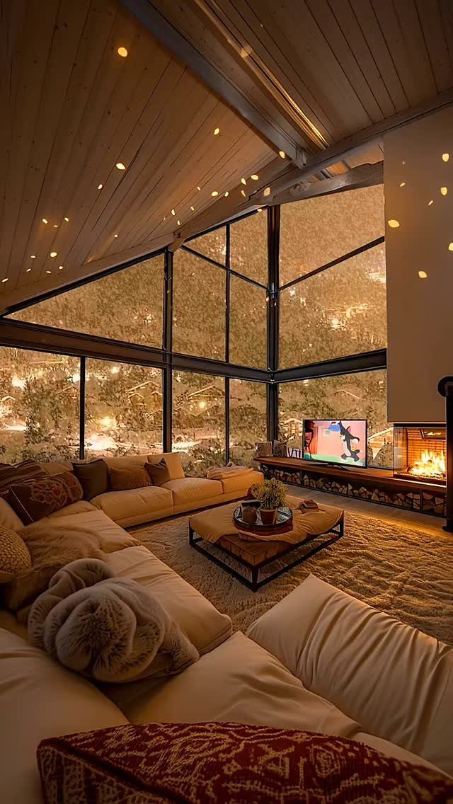 Cozy A-frame home interior with vaulted ceilings, large windows, and a warm fireplace.