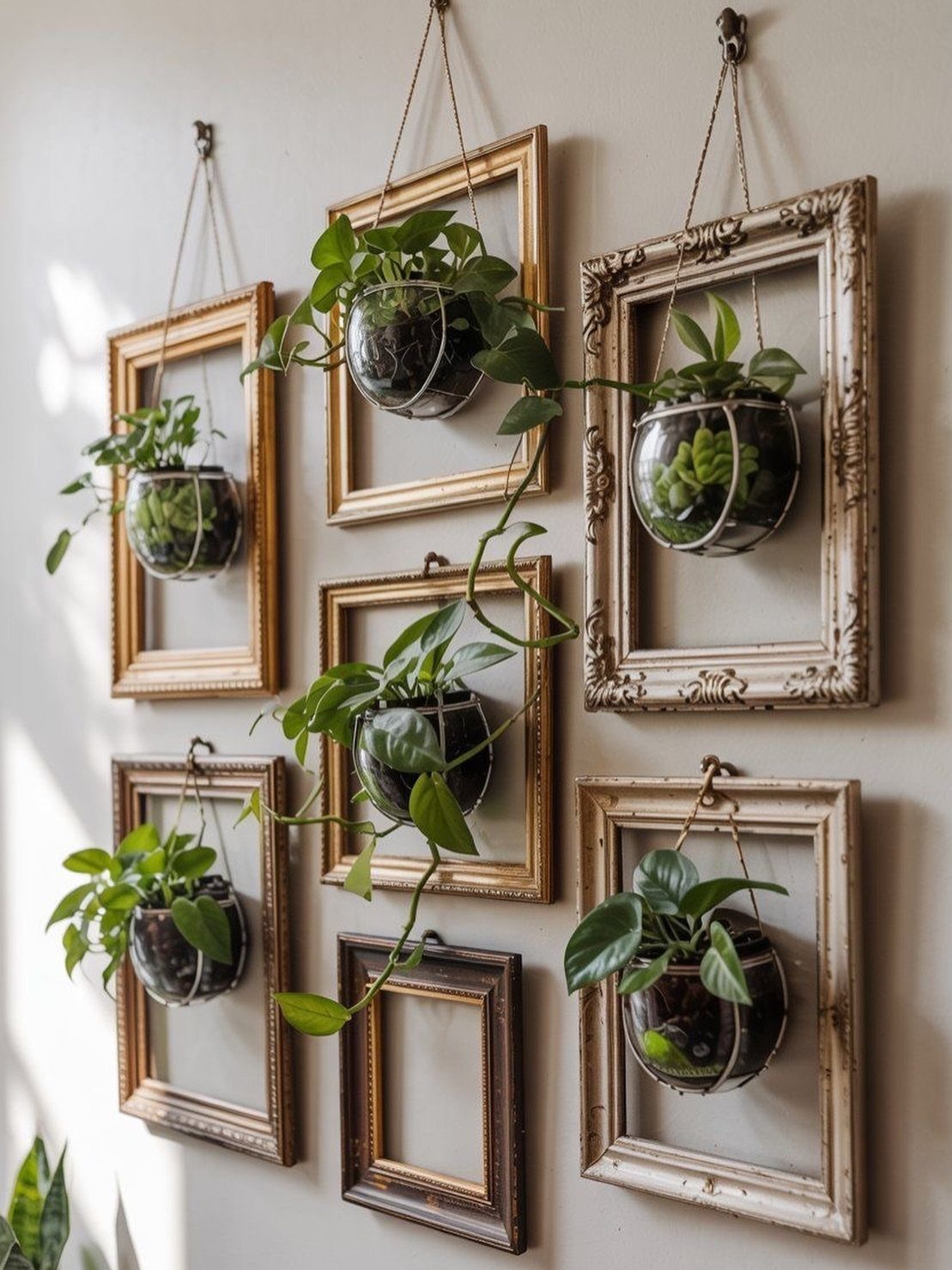 Green leafy plants in glass bowls hanging inside ornate picture frames on a wall