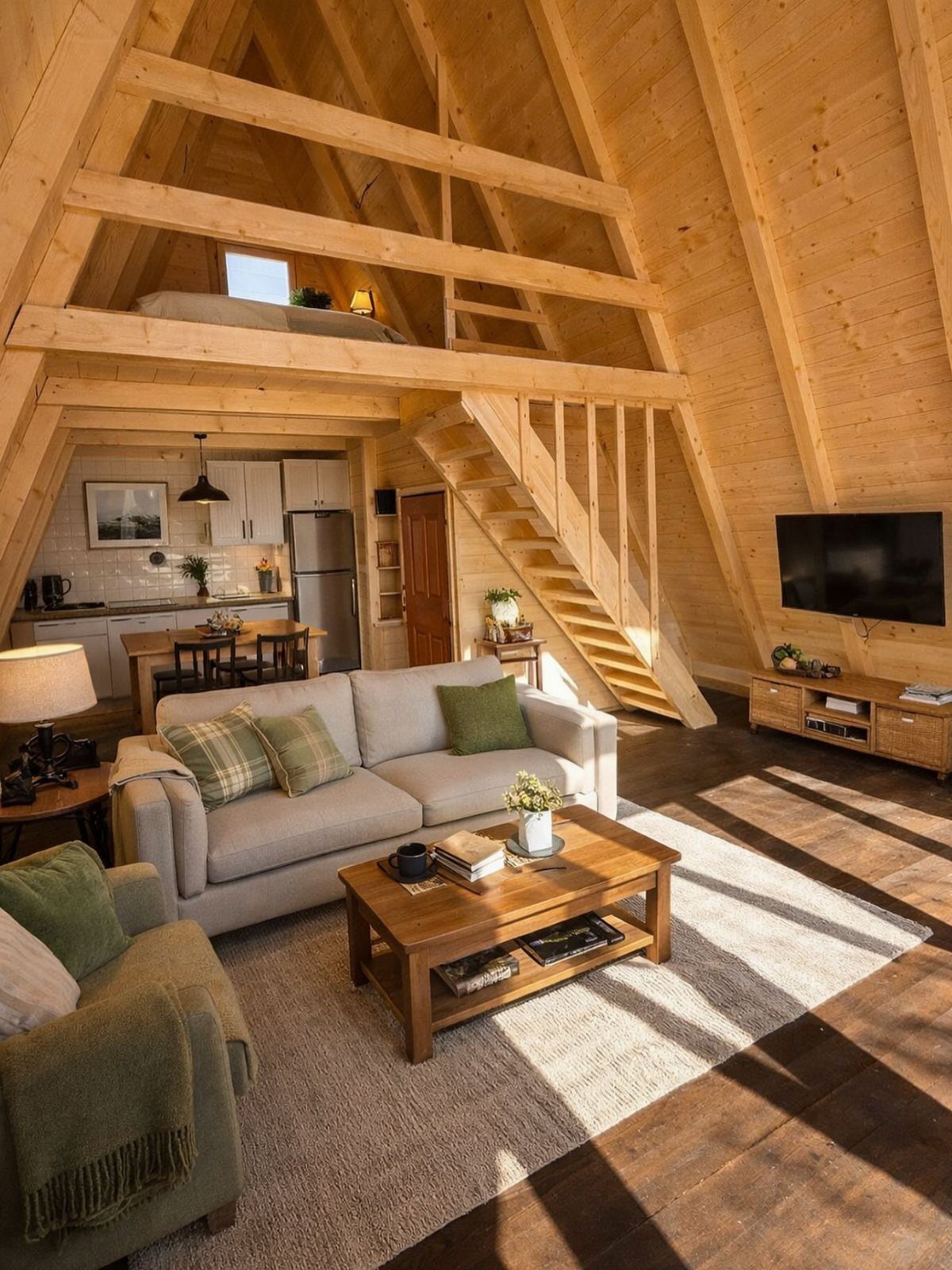 A-frame home interior with light wood walls, a grey sofa, and a loft bedroom.