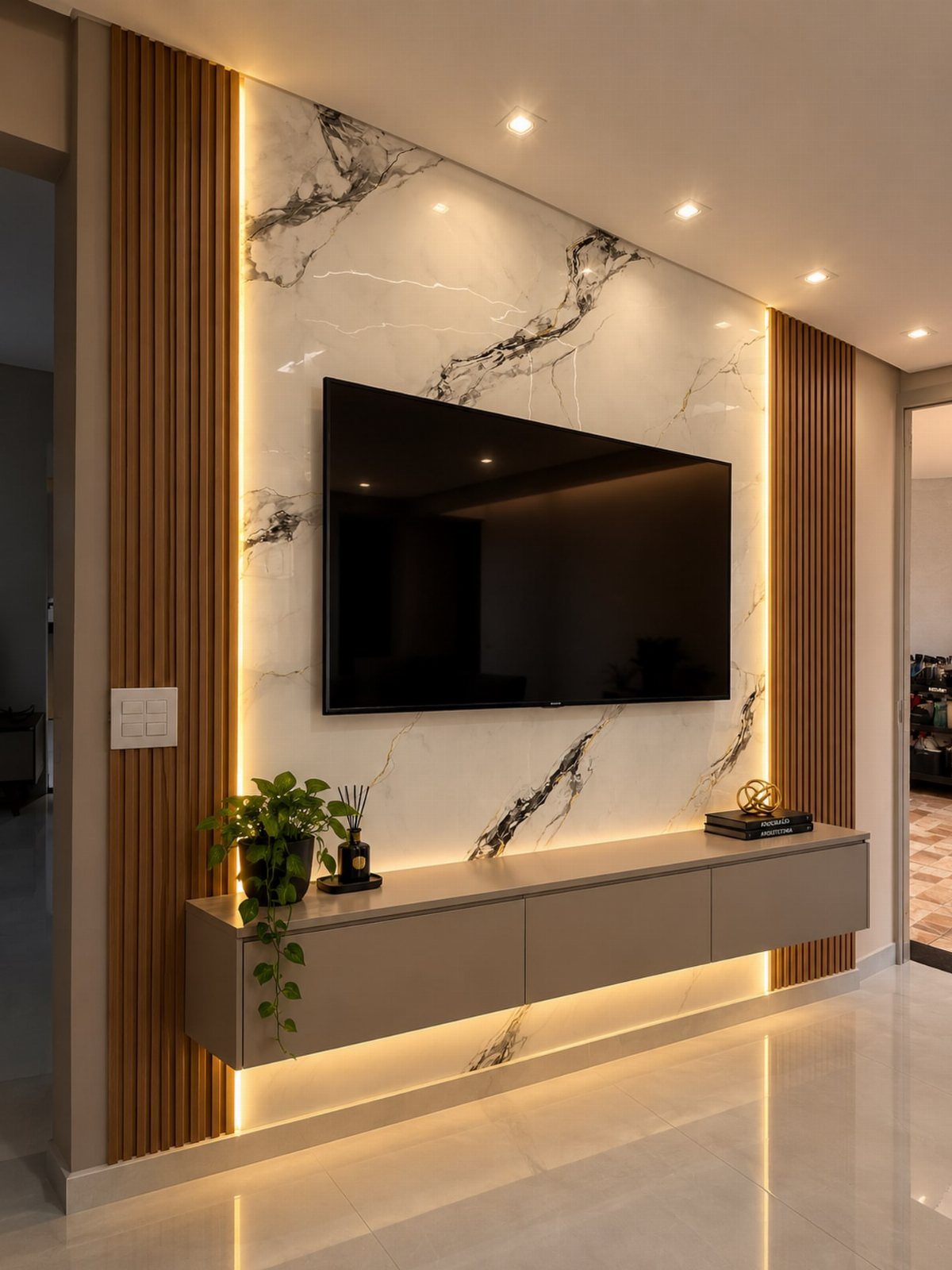 Floating grey console and TV on a marble wall with LED backlighting and wood slats
