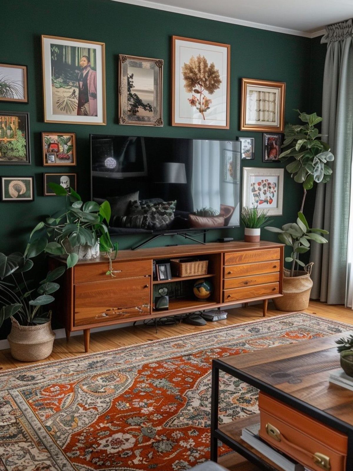 Dark green wall with a TV surrounded by framed art and wooden console.