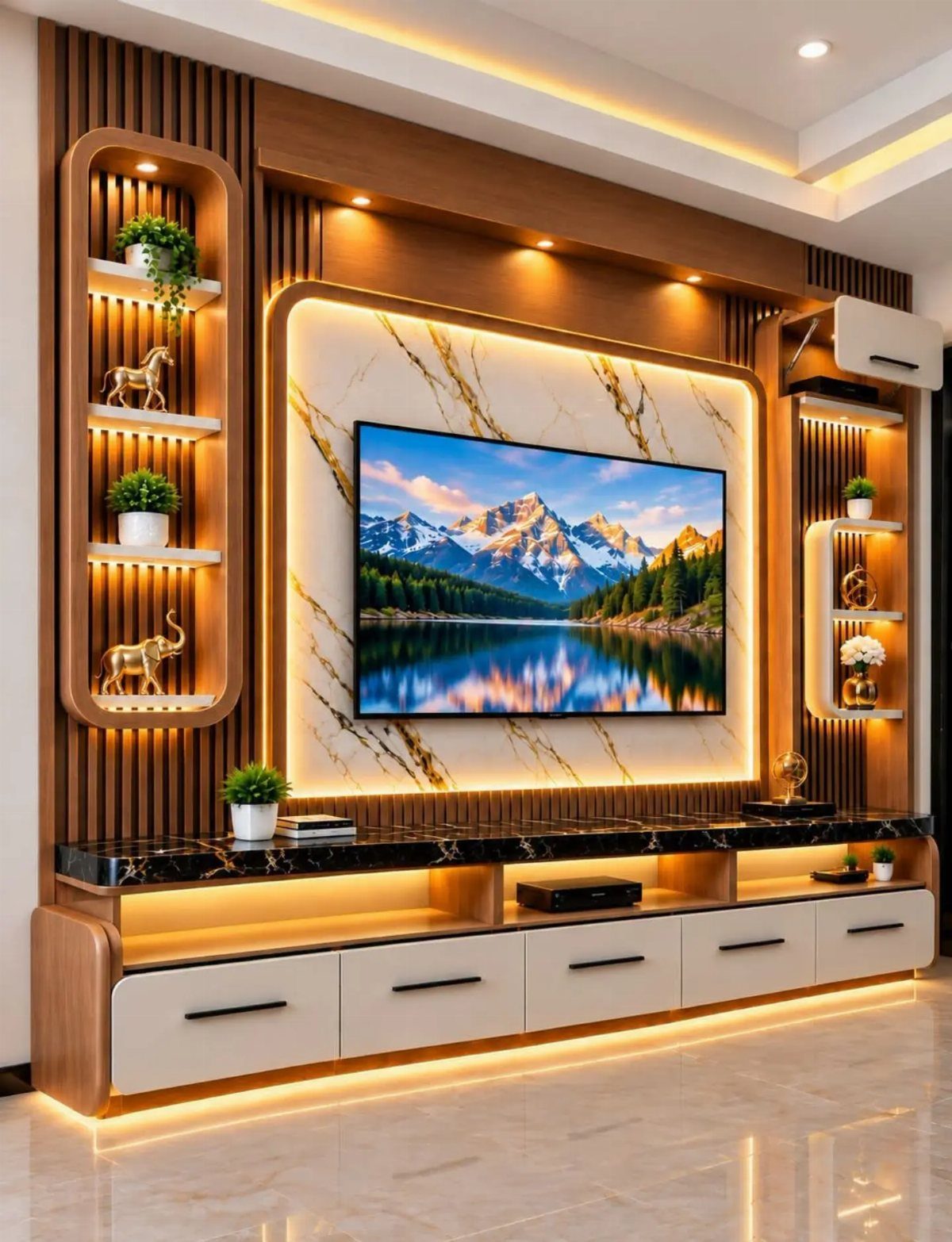 Modern TV wall with marble panel, wood slats, and integrated warm LED lighting.