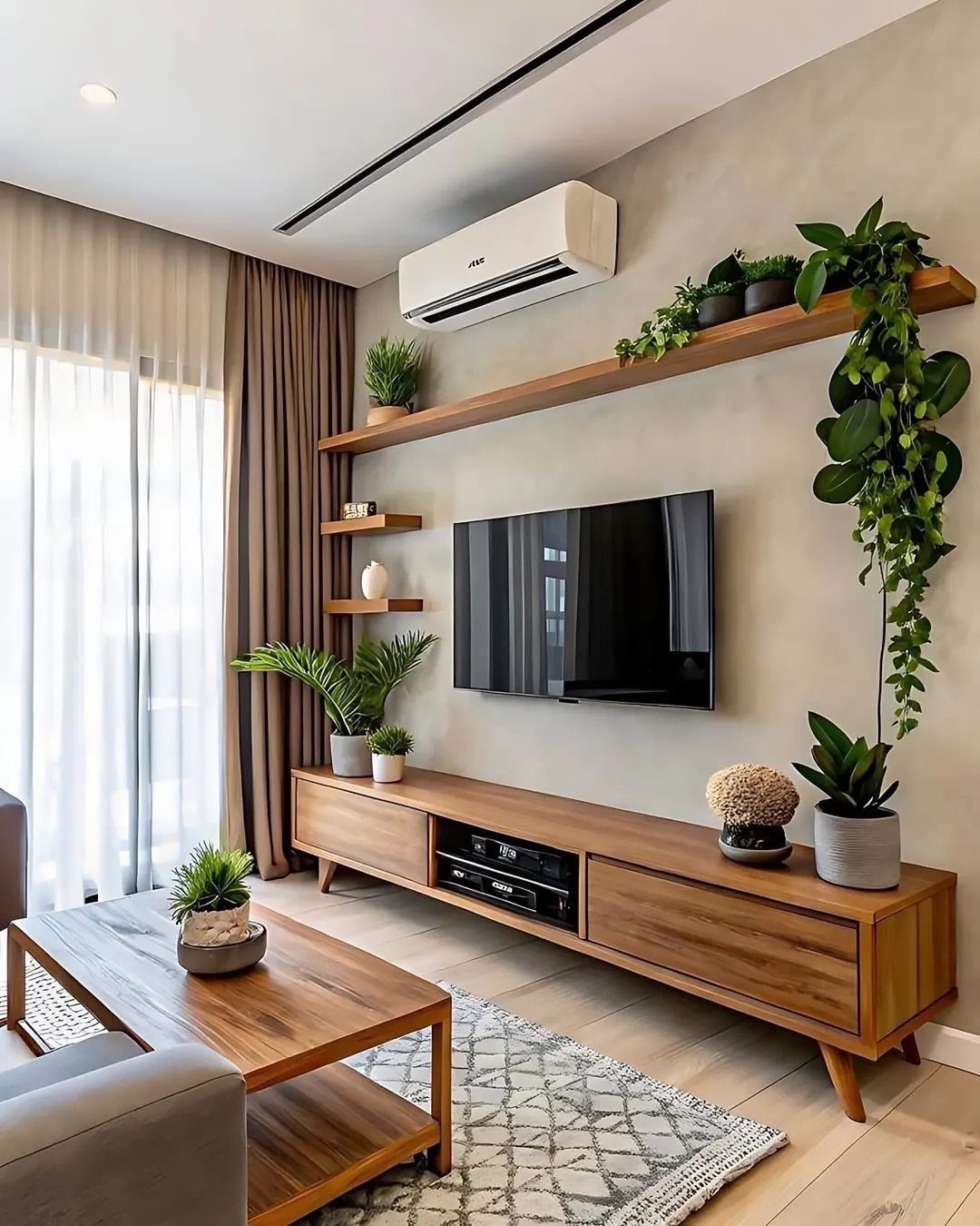 Wall-mounted TV with wooden floating shelves and a matching media console in minimalist room