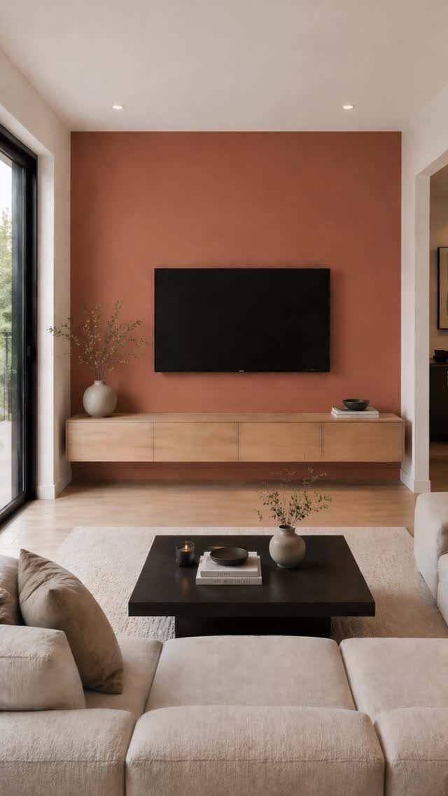 Terracotta painted accent wall with a mounted black TV and floating wood console.