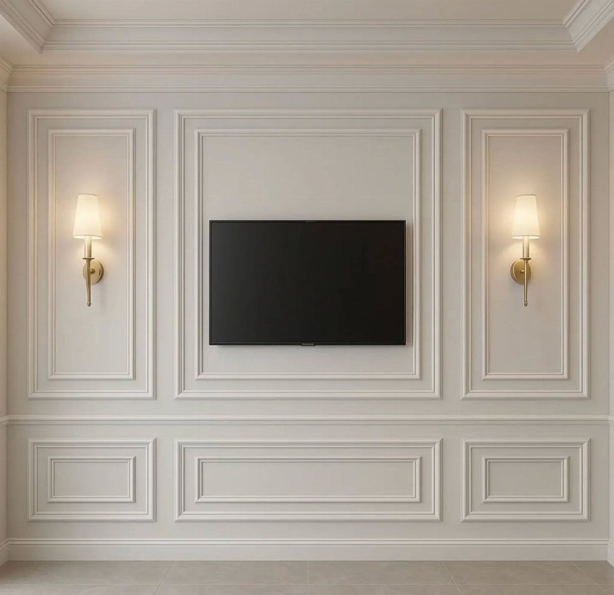 White wall with picture frame moulding and a mounted black flat-screen television.