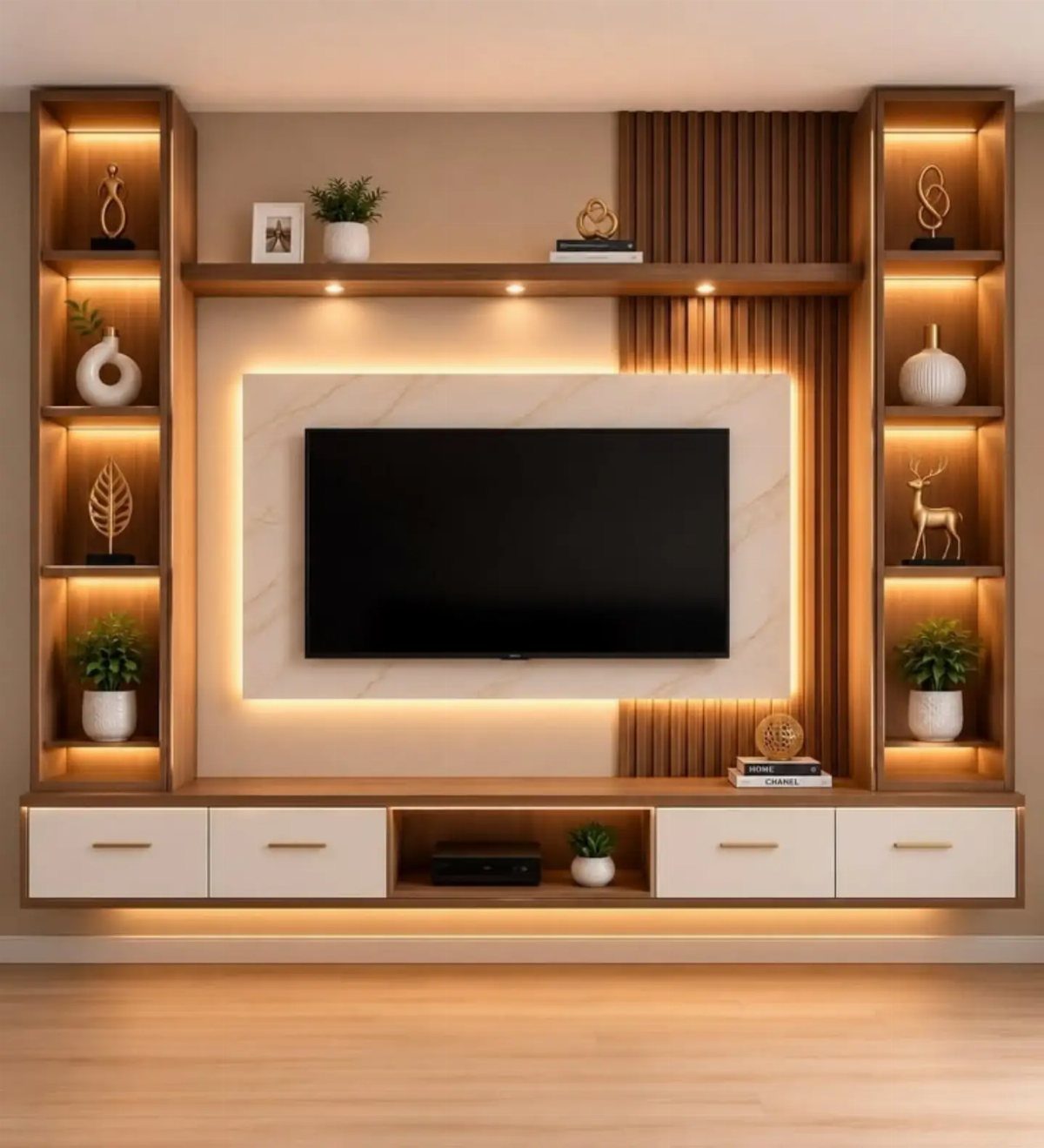 Built-in wooden shelving and white console surrounding a wall-mounted television with integrated lighting.