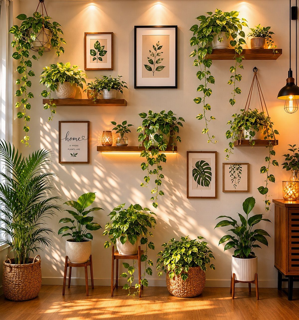 Various green indoor plants on wooden shelves and floor against a light wall.