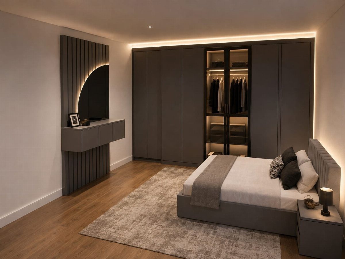 Modern bedroom with grey bed, large wardrobe, and wall-mounted TV on slatted panel.