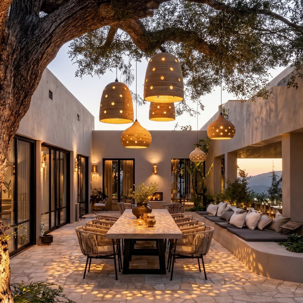 Woven bell-shaped pendant lights hanging over an outdoor dining table on a stone patio