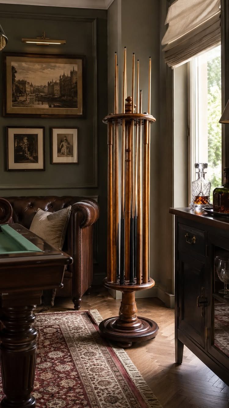 Wooden cue rack and pool table in a classic dark green billiard room