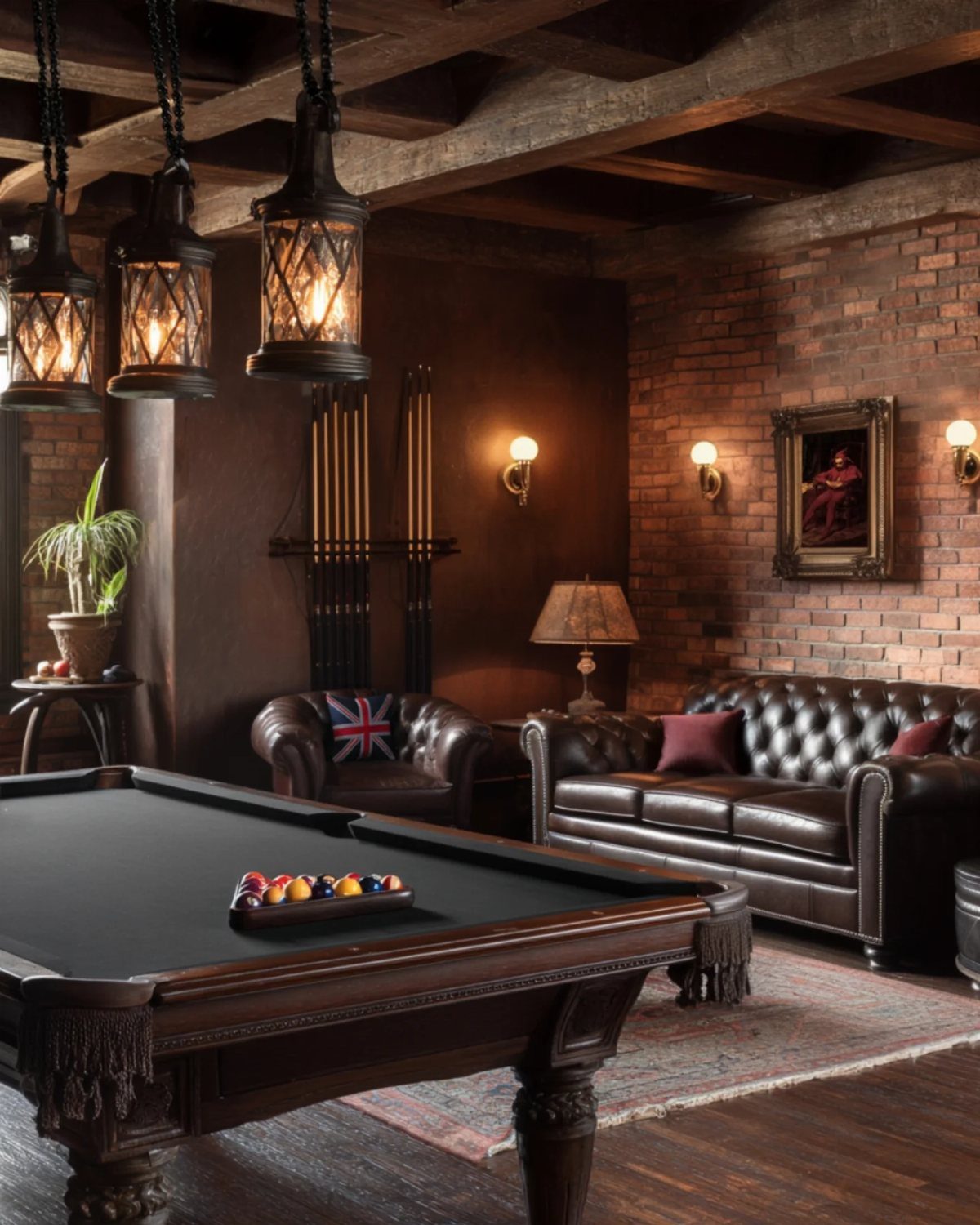 Dark mahogany billiard room with leather sofas, brick walls, and hanging lantern lights.