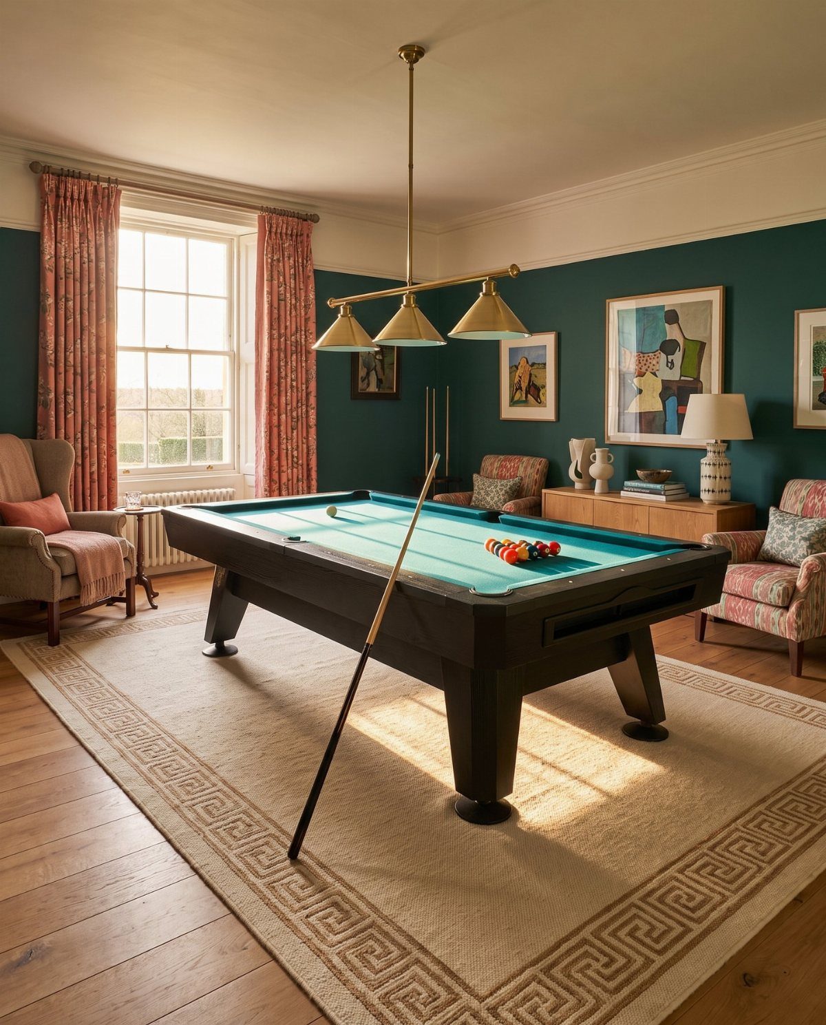 Teal pool table in a room with dark walls and gold lighting.