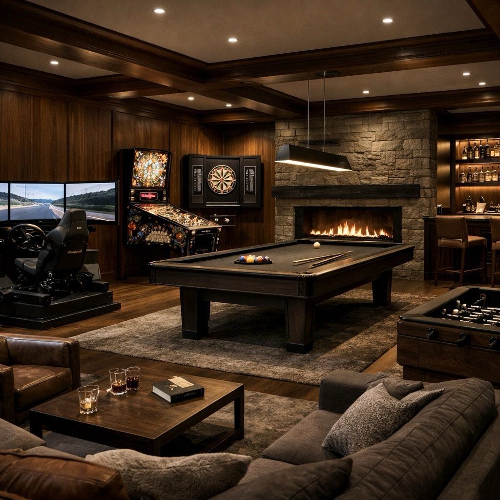 Luxurious game room with a billiard table, stone fireplace, and dark wood paneling.