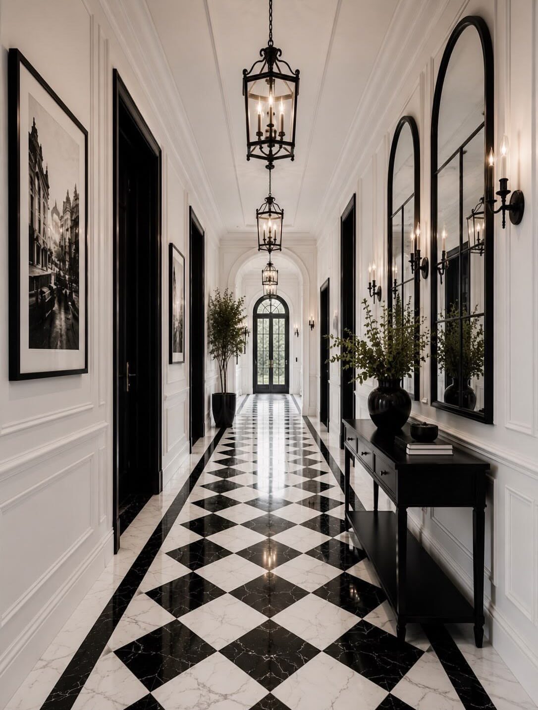Checkered black and white marble floor in a white hallway with black accents.
