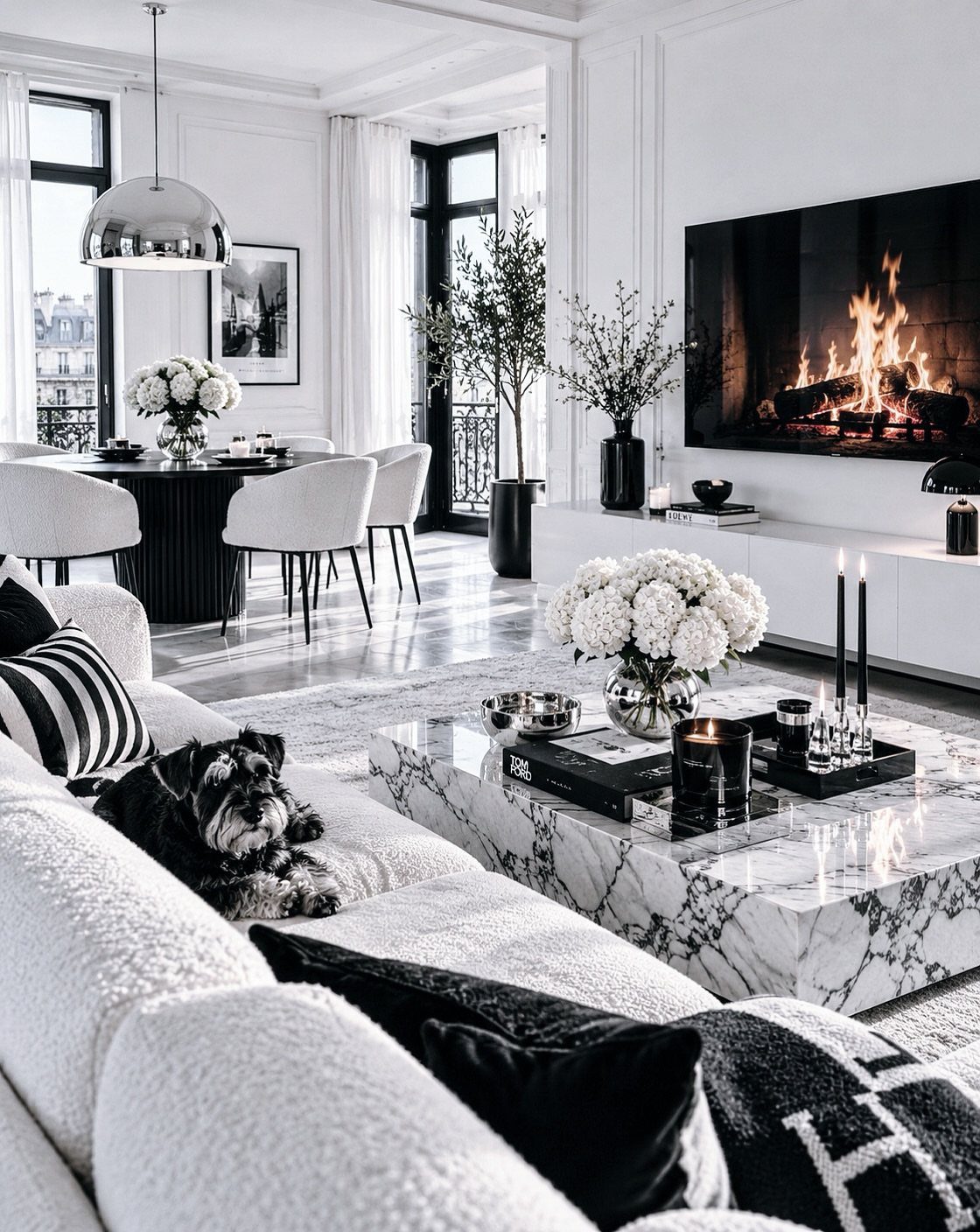 Modern black and white living room with marble table and white sofa.