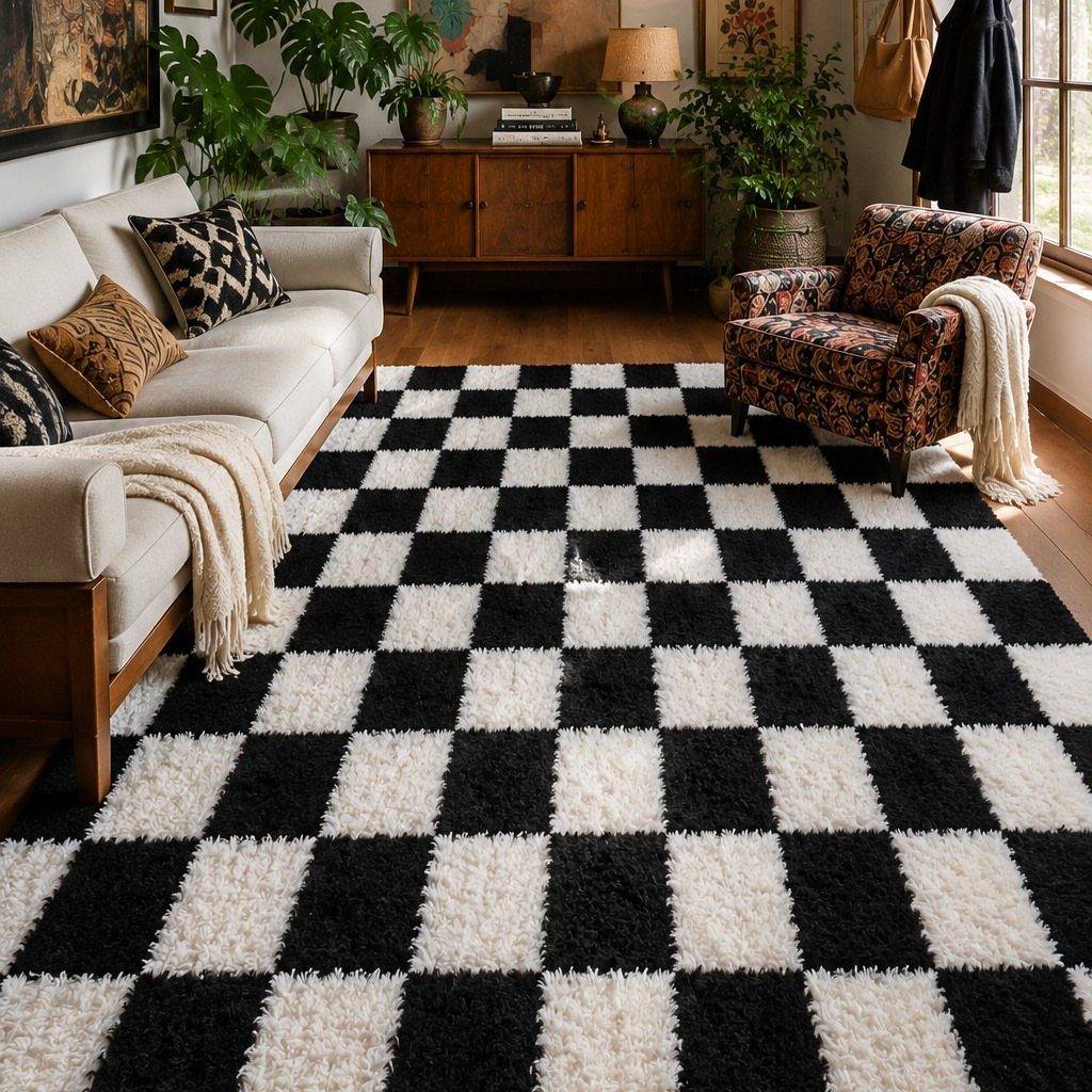 Black and white checkered rug in a living room with a white sofa.