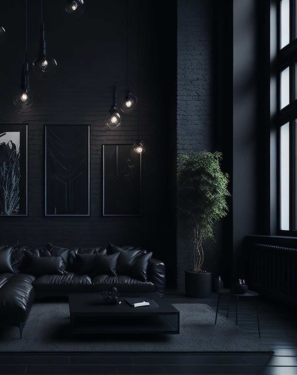 Modern black living room with leather sofa, hanging lights, and a green plant.