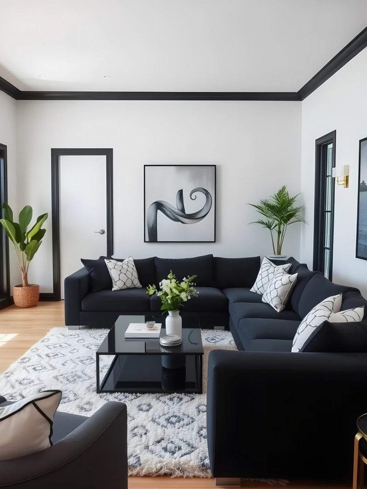 Modern living room with black sectional sofa, white walls, and abstract monochrome art.