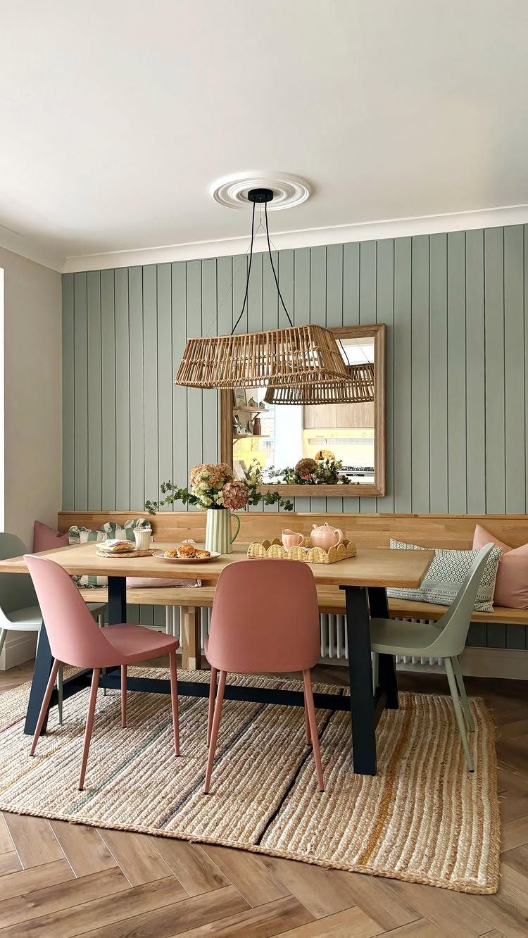 Built-in wooden dining bench with pink and patterned cushions against a green wall.