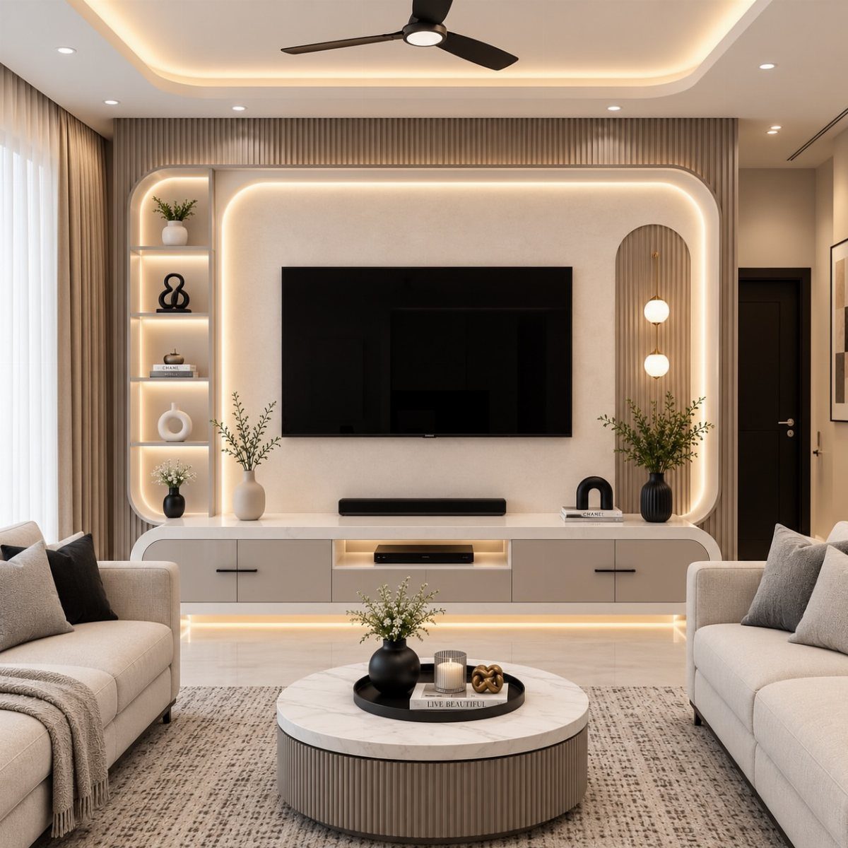 Modern entertainment center wall unit with integrated lighting and a large flat-screen TV.