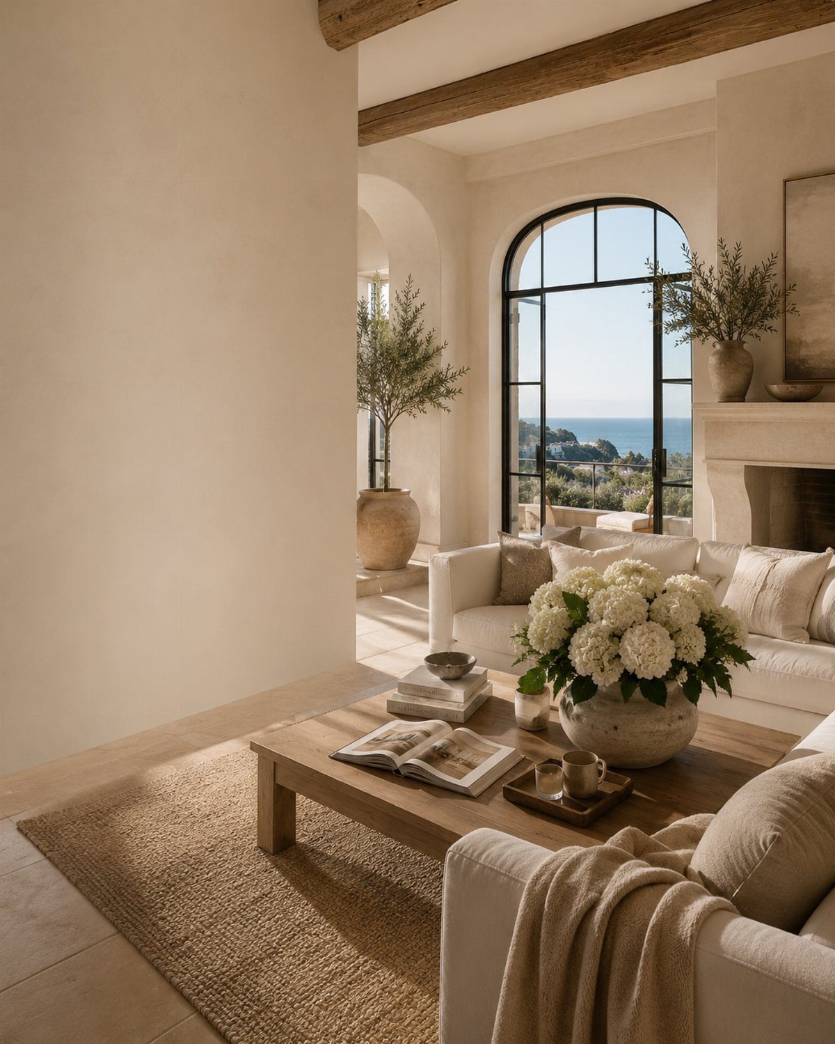 Bright living room with white furniture, wooden beams, and ocean view through arched window