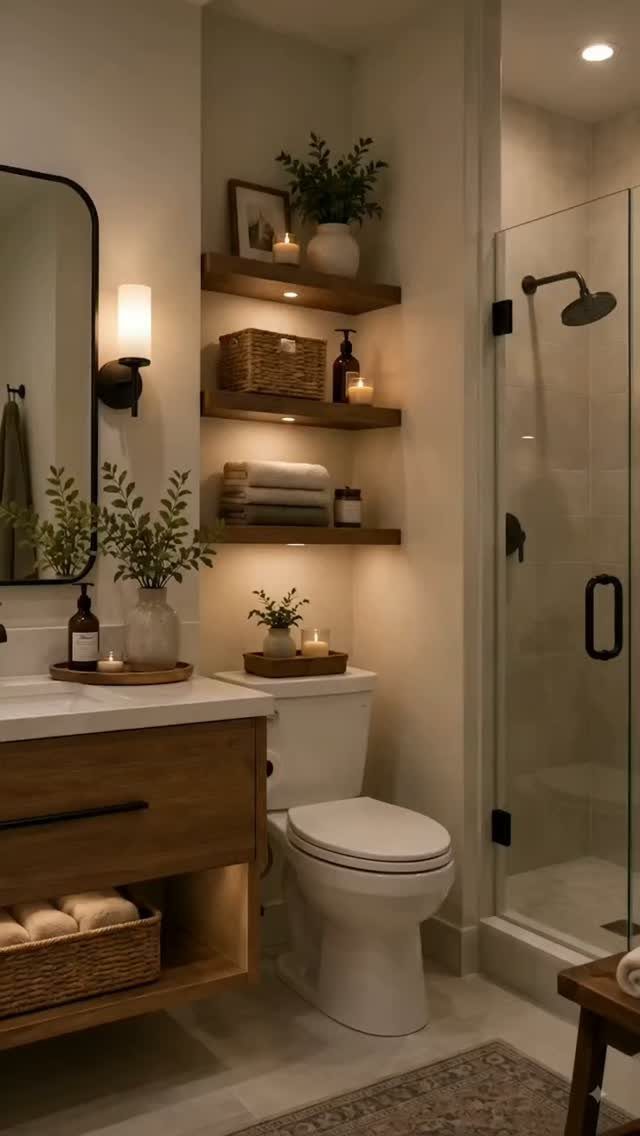 Modern bathroom with white walls, wooden floating shelves, and a natural wood vanity.