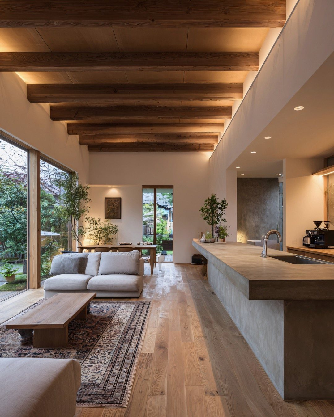 Exposed wooden beams on a ceiling above a modern farmhouse living room and kitchen.