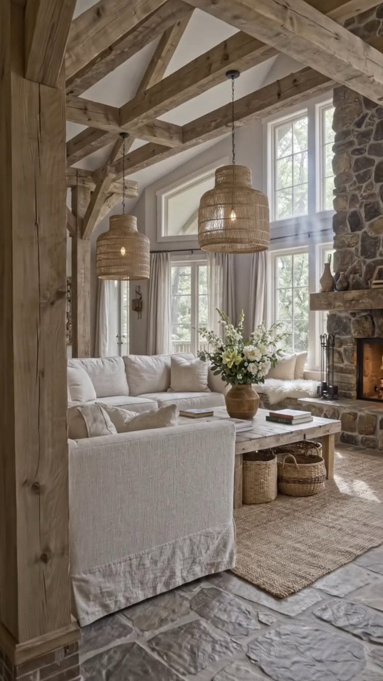 Living room with large white-framed windows, exposed wooden beams, and neutral furnishings.