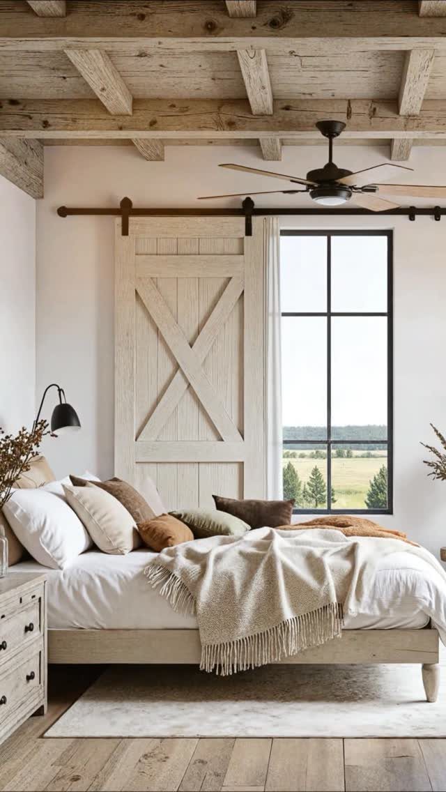 Farmhouse bedroom with layered bedding, exposed wooden beams, and a sliding barn door.
