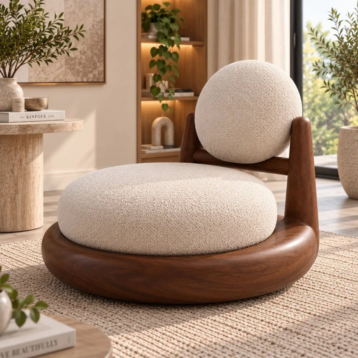Rounded bouclé lounge chair with dark wood base in a modern farmhouse room