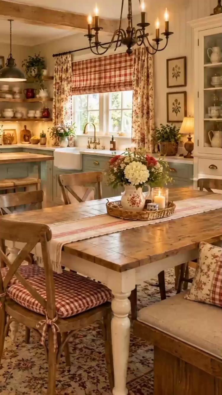 Rustic farmhouse dining table with checkered chairs and a kitchen in the background.