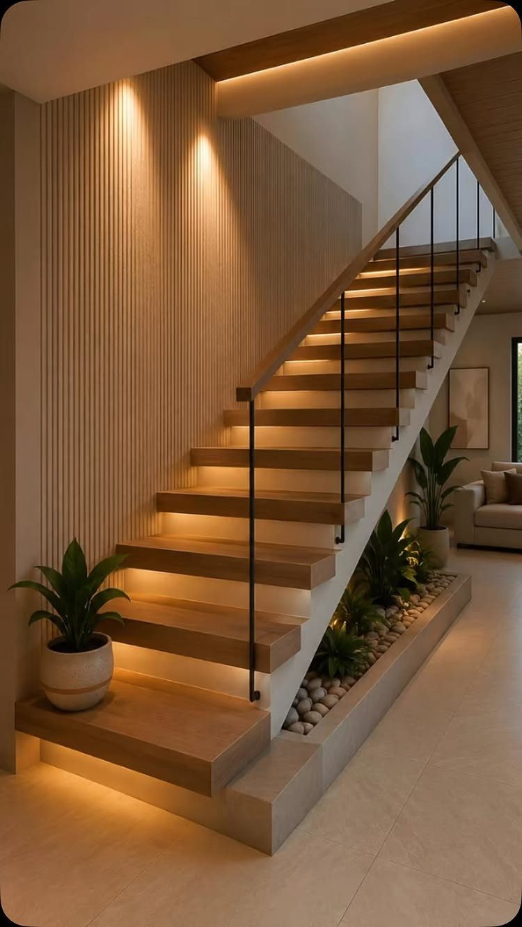 Modern wooden staircase with integrated lighting, vertical slat wall, and indoor plants.