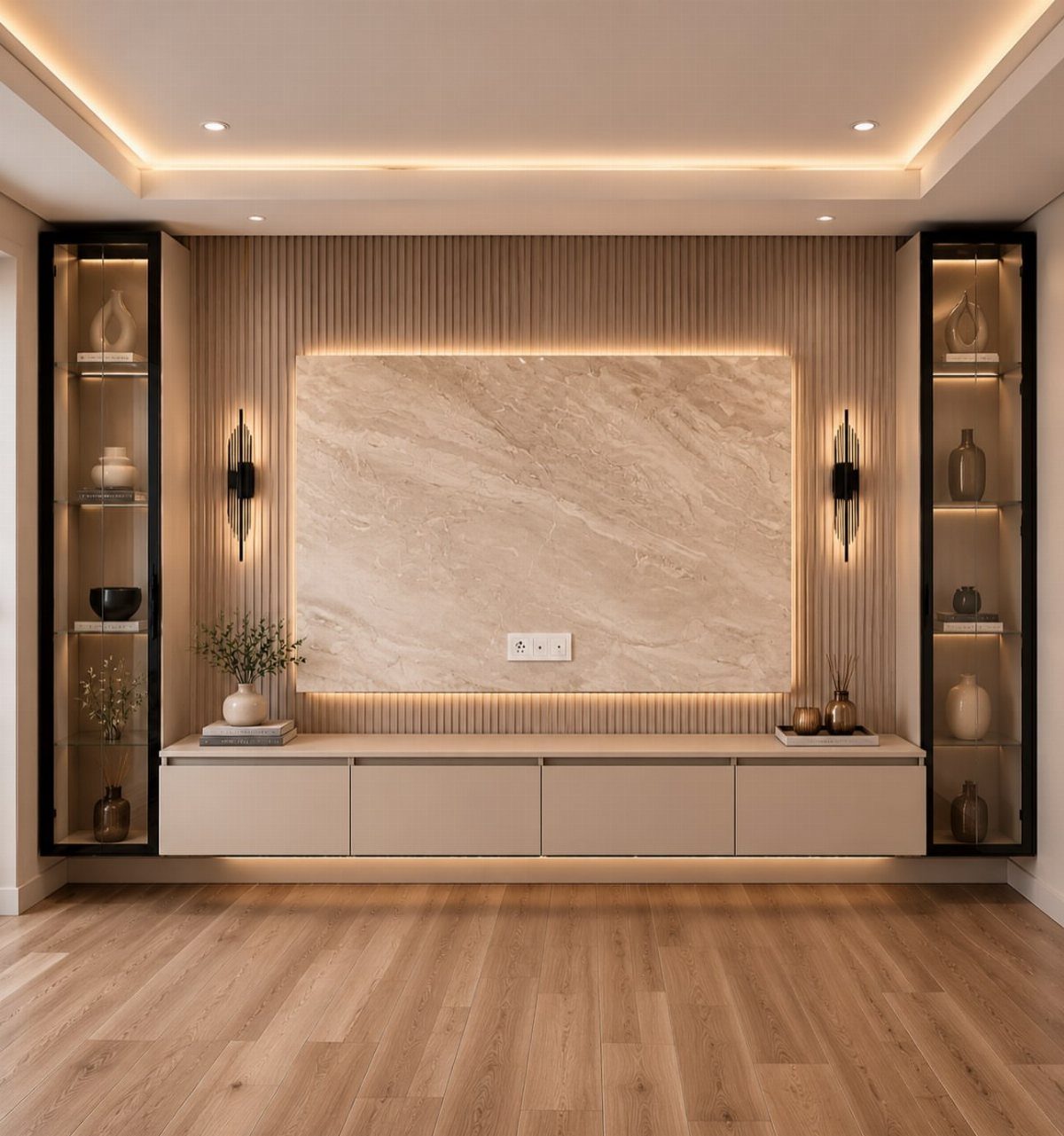 Modern living room wall with bespoke cabinetry, marble panel, and integrated warm lighting.