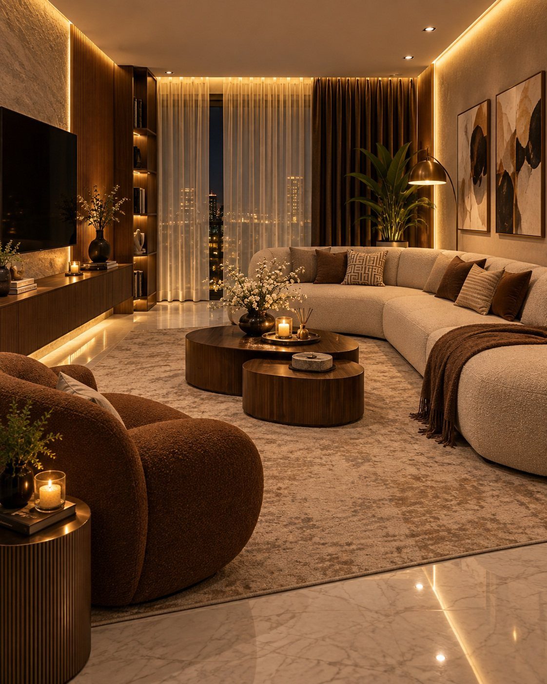 Curved cream sectional sofa and round wooden coffee tables in a luxury living room
