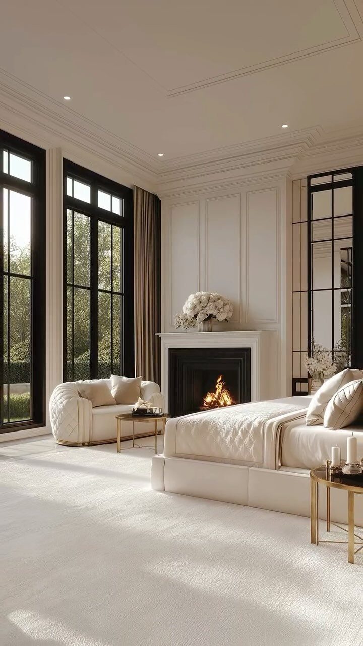Luxury bedroom with white bedding, a curved sofa, and a cozy fireplace.