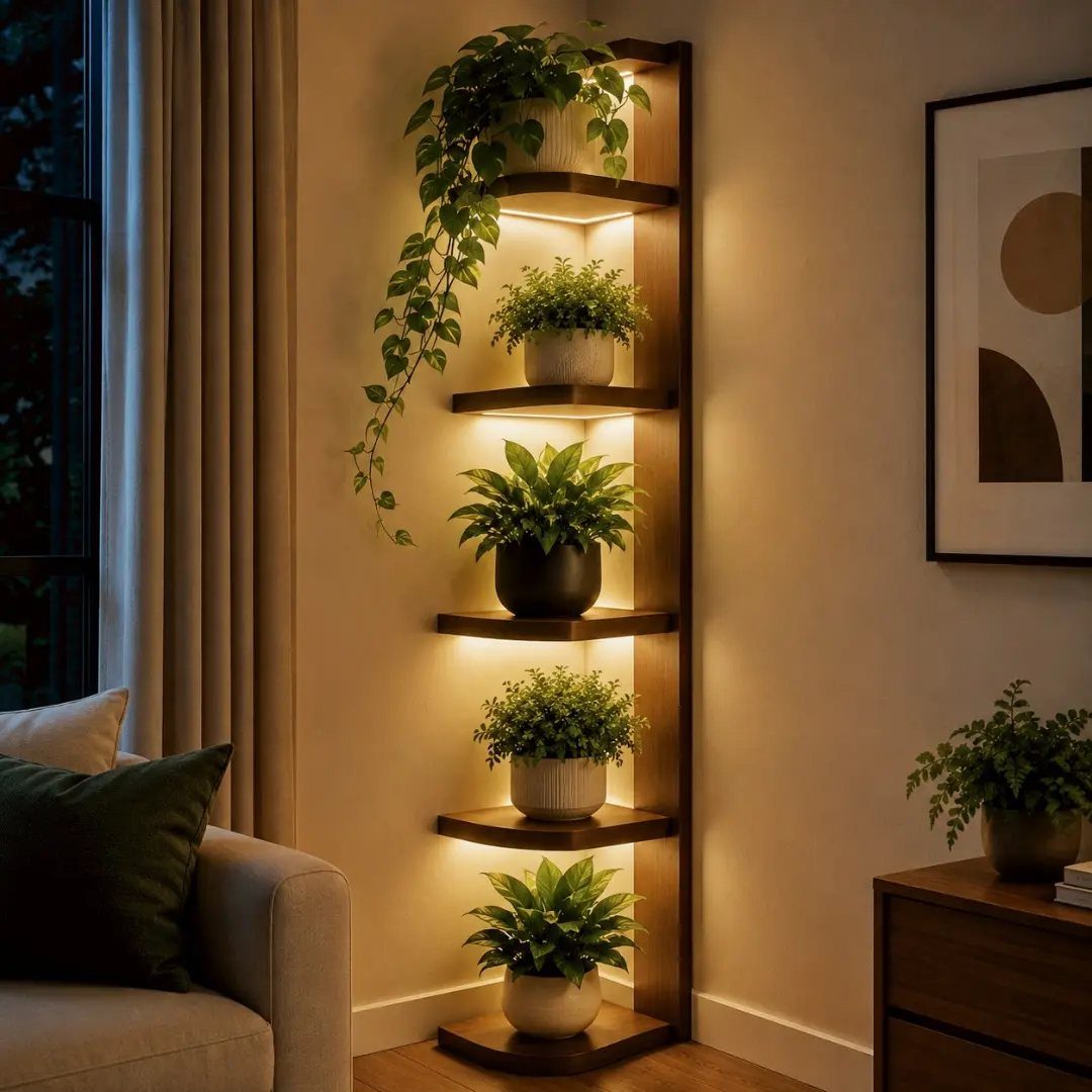 Corner wooden shelving unit with integrated lighting displaying various potted green indoor plants.