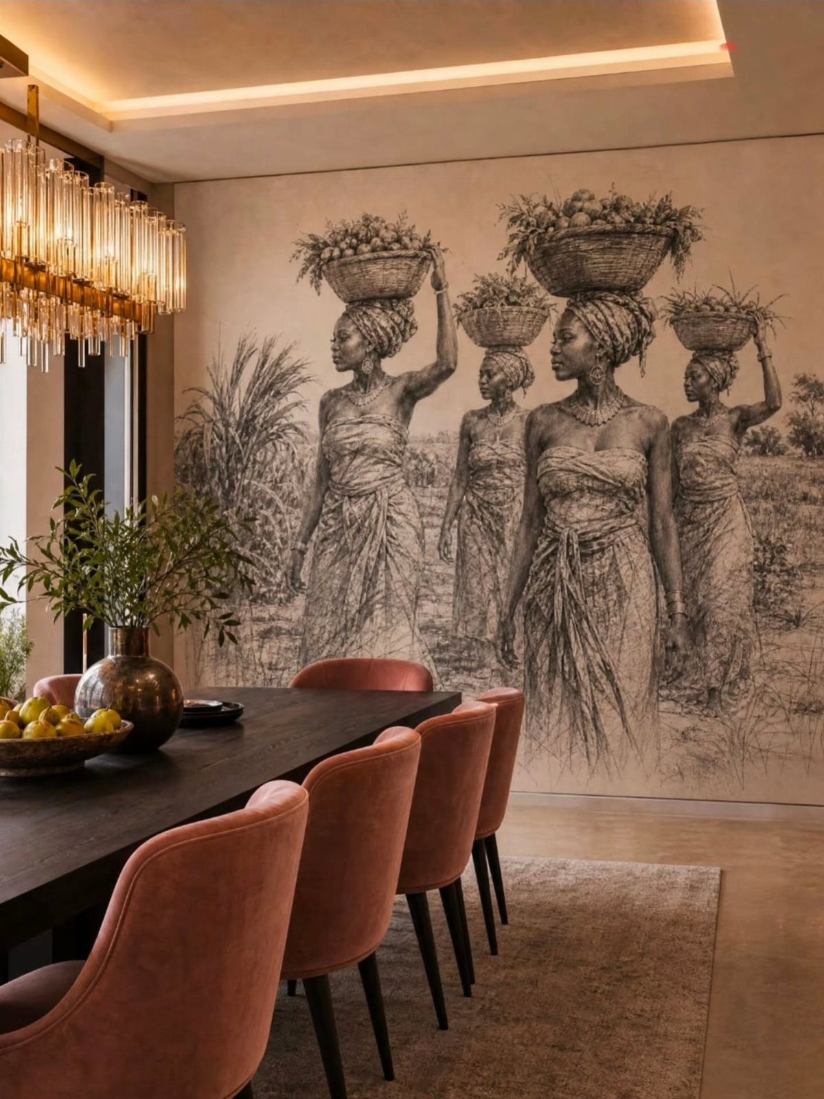 Large black and white wall mural of women in a luxury dining room