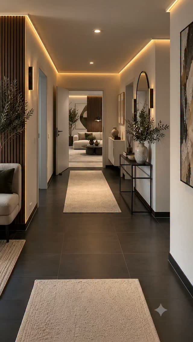 Modern luxury hallway featuring recessed ceiling lights and warm perimeter LED strip lighting.