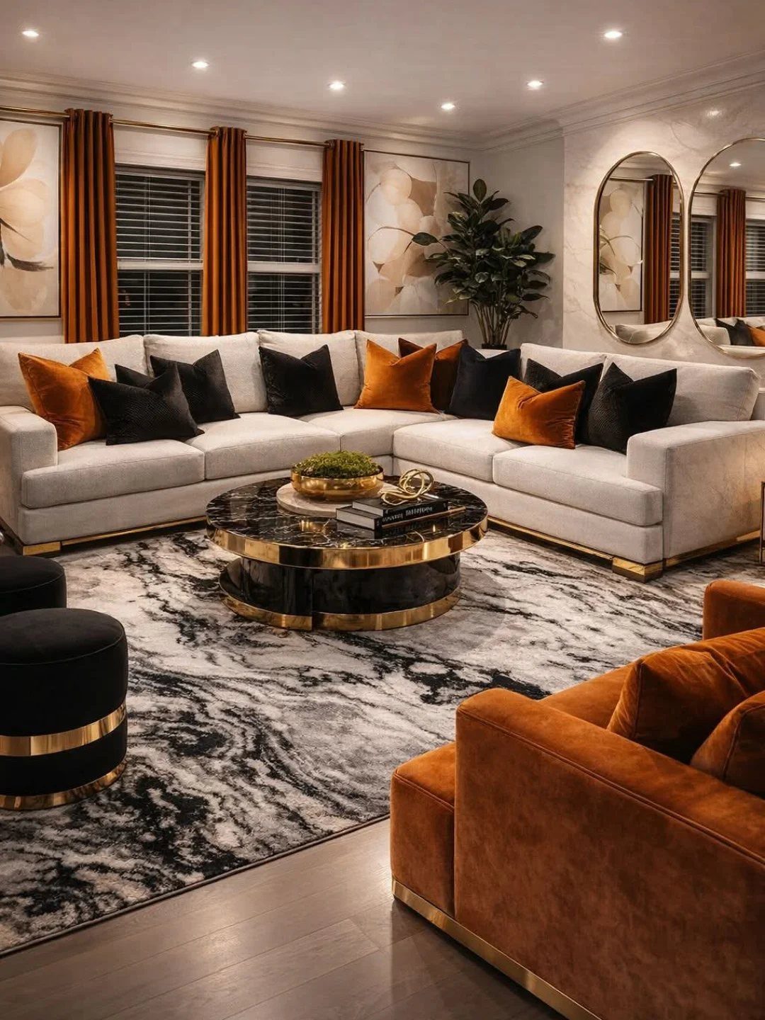 Luxury living room with neutral furniture accented by bold burnt orange pillows and curtains.