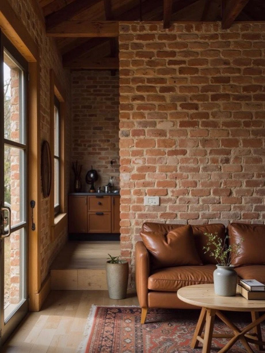 Exposed brick wall in a rustic living room with leather sofa and wooden furniture
