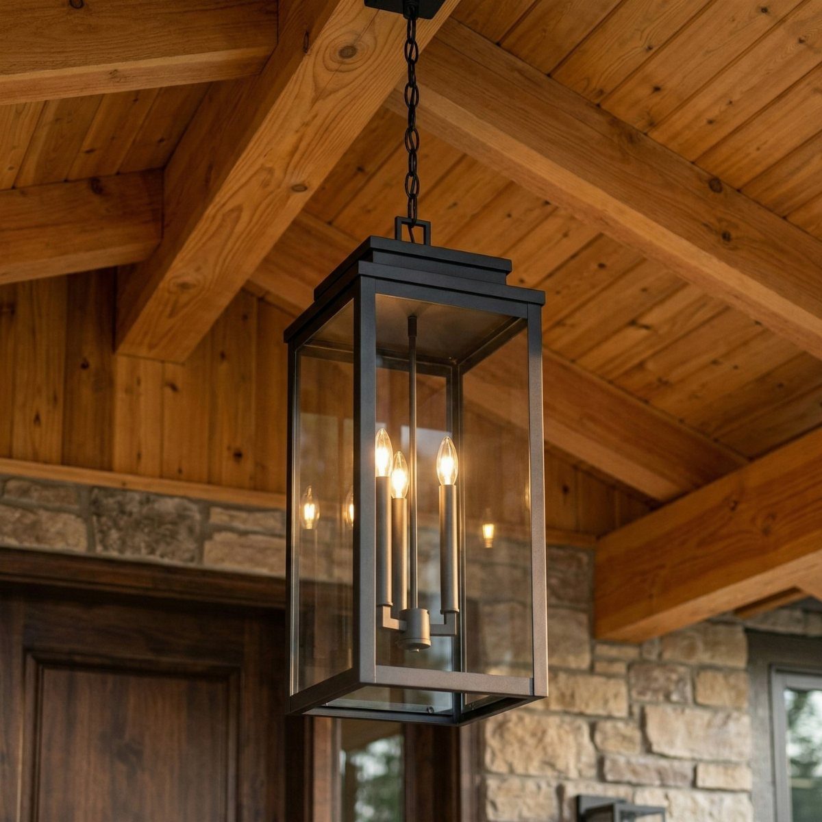 Black metal hanging lantern with glowing bulbs under a rustic wood beamed ceiling
