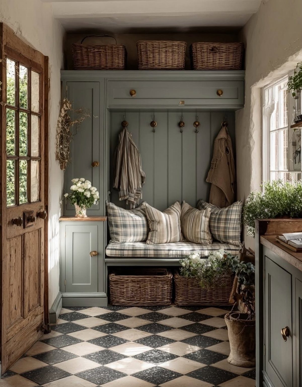 Sage green mudroom built-in with cushions, wicker baskets, and checkered tile flooring.