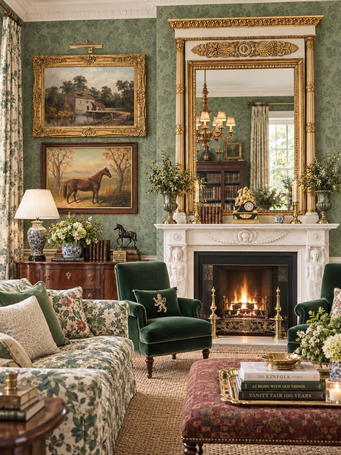 Traditional living room with green wallpaper, ornate gold mirror, and floral upholstered furniture.