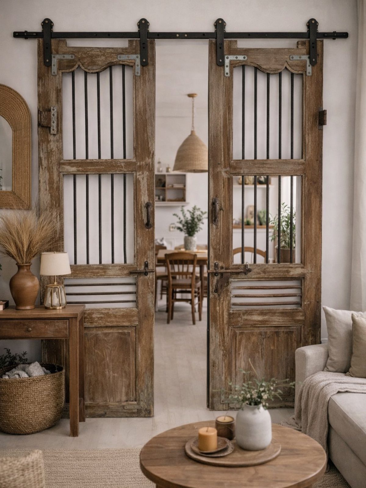 Weathered wooden sliding barn doors with black metal bars in a rustic living room