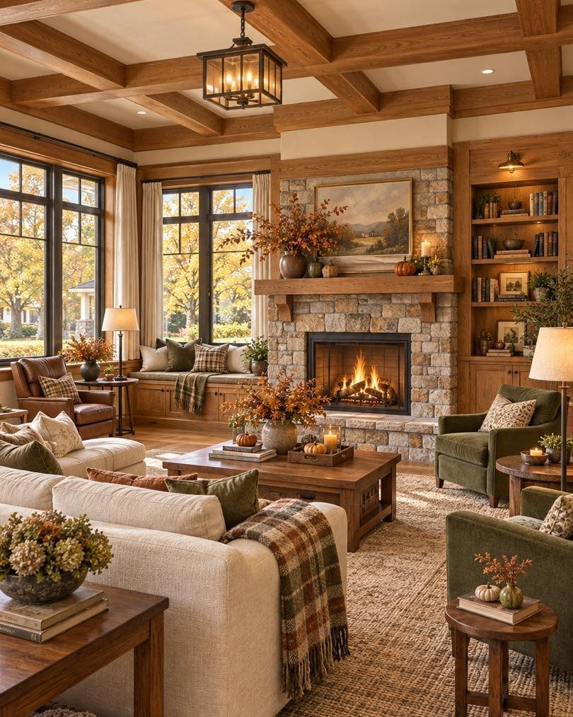 Living room with exposed wooden beams, stone fireplace, and rustic craftsman style furniture.