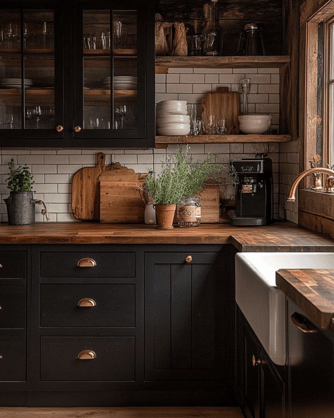 Black wooden kitchen cabinets with gold handles and a natural wood countertop.