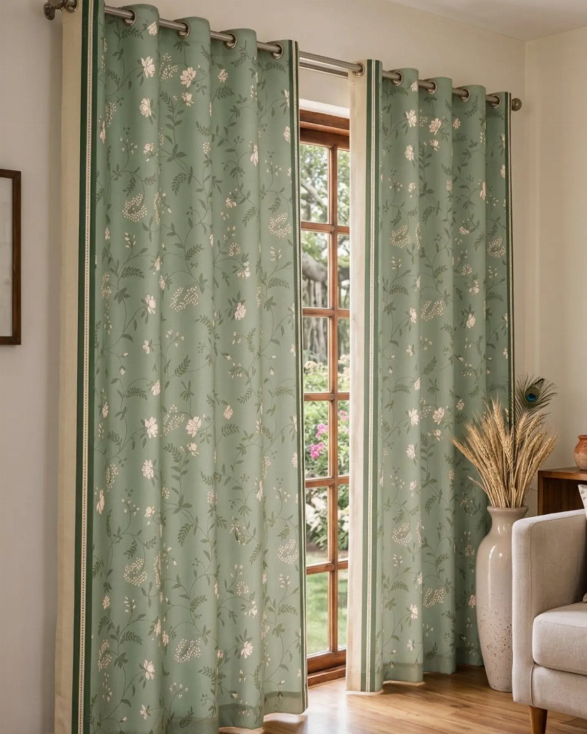 Green floral patterned curtains hanging over a sliding glass door in a living room