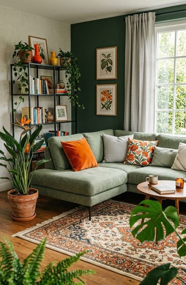 Living room with dark green walls, grey curtains, and a sage green sofa.